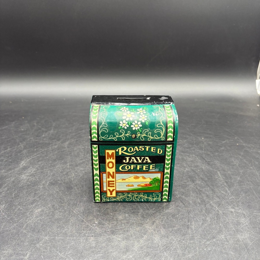 Vintage Lego Japan Roasted Java Coffee Money Bank Ceramic Green Tin Style 09370